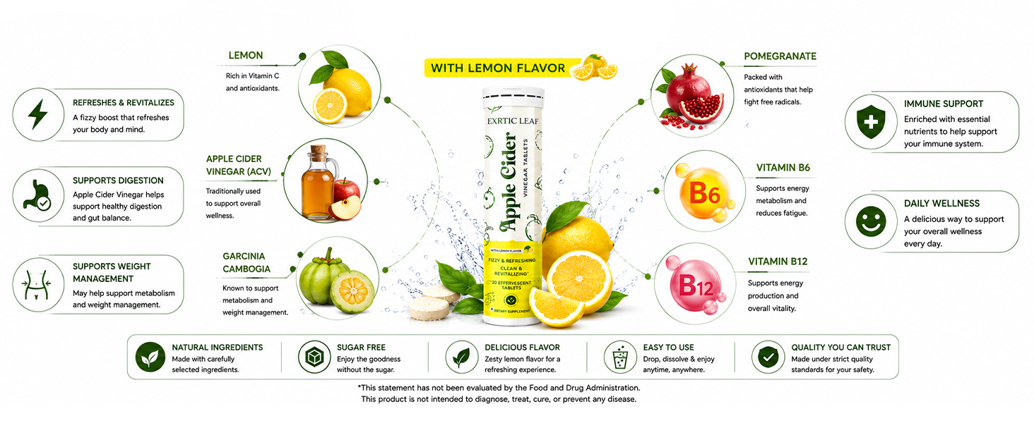 Apple Cider Vinegar (ACV) Effervescent Tablets | 500mg with Mother | Garcinia, Pomegranate, Vitamin B6 & B12 | Gut Health, Metabolism & Weight Management Support | 20 Tablets Pack of 5