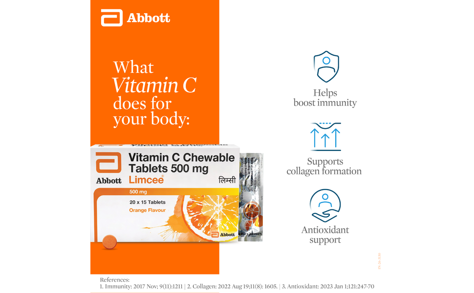 Limcee Chewable Natural Vitamin C Chewable Tablets 500mg || Tangy Orange Flavour || Boost Immunity || Supports Energy || Antioxidant || Skin Care || Men and Women -15 Tabs (Pack of 5)