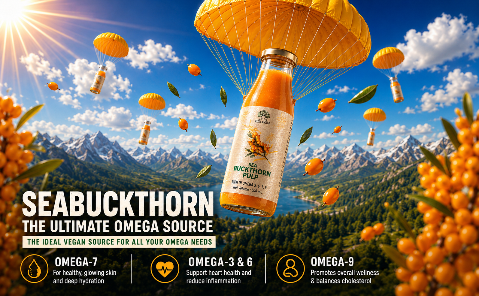 Rogcare Sea Buckthorn Juice 500ml Packed in a Glass Bottle | Cold-Pressed Sea Buckthorn Pulp Concentrate from Ladakh Himalayas (-40°C) Rich in Natural Vitamin C, Omega 3, 6, 7, 9 & Antioxidants | Skin Glow & Gut Health