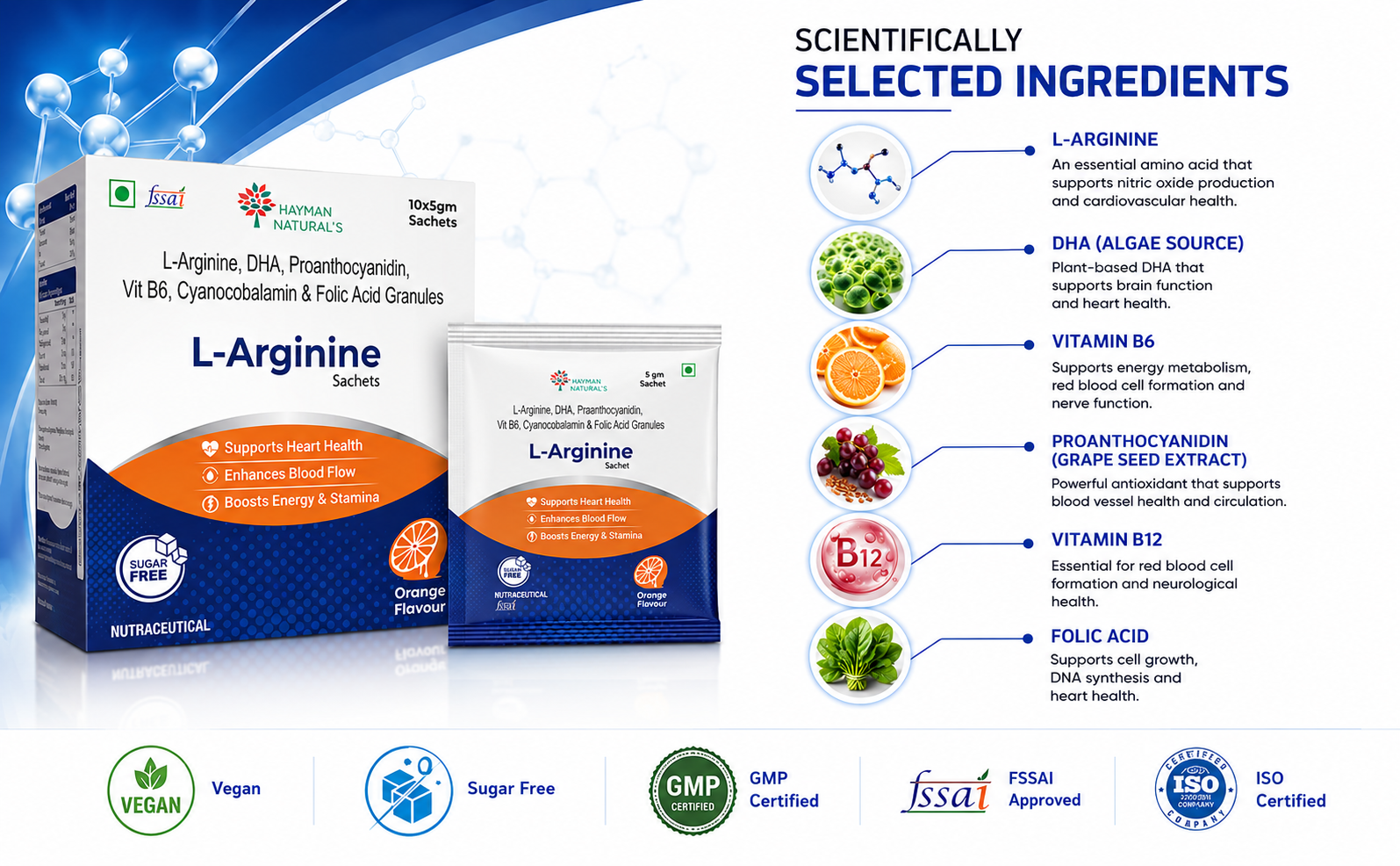 Hayman Natural's L-Arginine Powder Sachets - Sugar Free, L-Arginine Supplement Powder for Pre-Workout, Muscle Recovery & Stamina for Men & Women, Orange Flavour, 5g, 10 Sachets