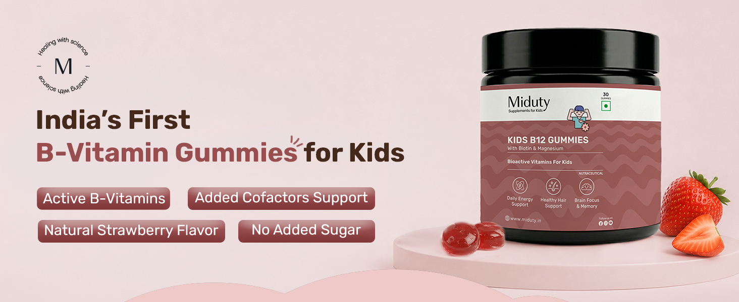 Miduty Kids B12 Gummies | Methylcobalamin with Choline, Magnesium & L-Theanine for Daily Energy, Brain Focus, Learning & Calm Focus | Biotin for Hair Support | No Added Sugar | Natural Strawberry Flavor | 30 Gummies