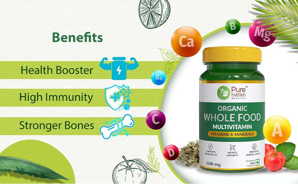 Pure Nutrition Organic Whole Food Multivitamin | Plant Based Multivitamin Tablets with Vitamins A, C, D3, E, K2, B-Complex, Biotin & B12 | Minerals with Calcium, Magnesium, Zinc, Iron & Selenium | 60 Veg Tablets