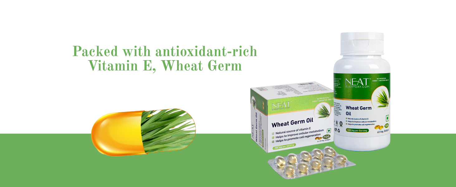 Neat Everyday Wheat Germ Oil Cold Pressed Capsules 1000mg – 30 Vegan Softgels (Blister Pack) | Vitamin E Antioxidant for Skin, Hair, Heart & Immune Health
