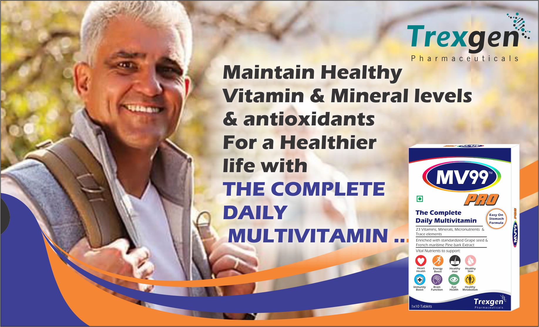 Trexgen® MV99™-PRO The Complete Daily Multivitamin with A,D,E,K,B-Complex, C, Multiminerals Micronutrients & Trace elements with Grape Seed & Pomegranate extract (3x10 = 30 Tabs)