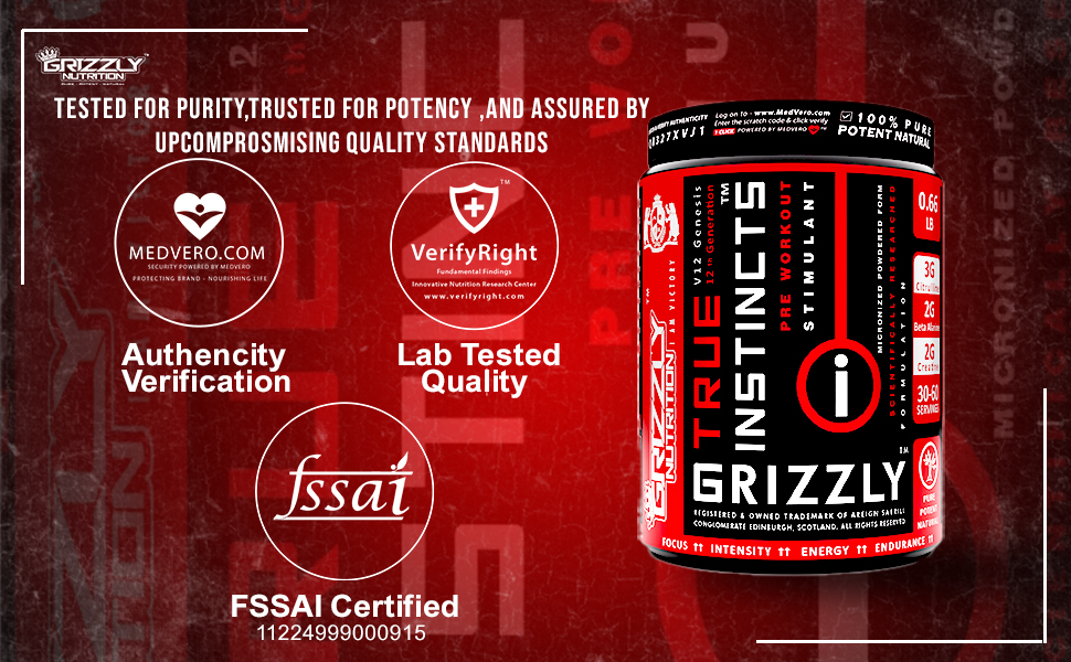 Grizzly Nutrition True Instincts 300 Grams Advanced Pre Workout Powder Supplement for Men & Women | Energy, Focus & Muscle Pump Formula with L-Citrulline, Beta Alanine, Creatine, Theanine & Caffeine +11 Researched Performance Boosters, Spanish Strawberry