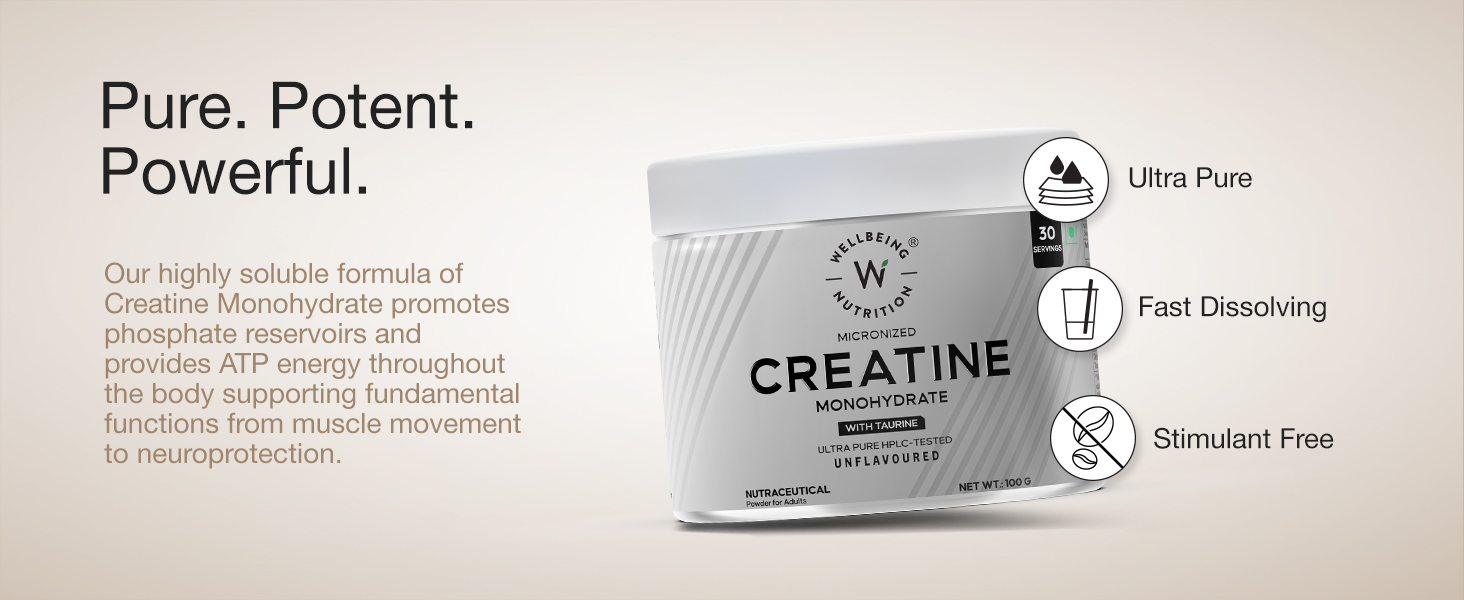 Wellbeing Nutrition Creatine Monohydrate Pure Micronised Powder | Rapid Absorption | Enhanced Muscle Strength, Performance, Recovery & Cognition | For Men & Women | Unflavoured 100g, 33 servings