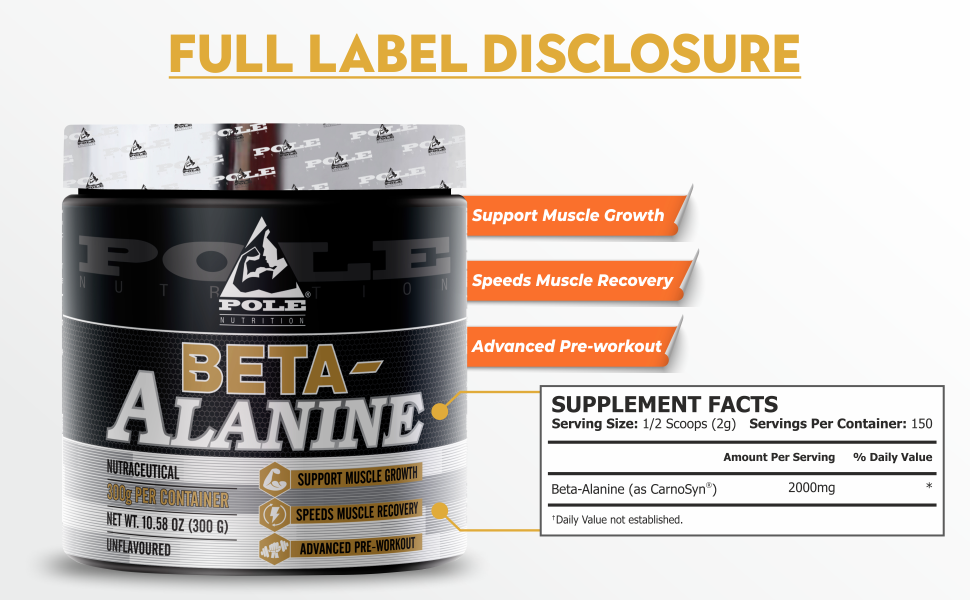 Pole Nutrition Beta-Alanine - Muscle Growth & Recovery Pre-Workout Powder for Men & Women, Unflavored, 300g - Boost Your Training Performance