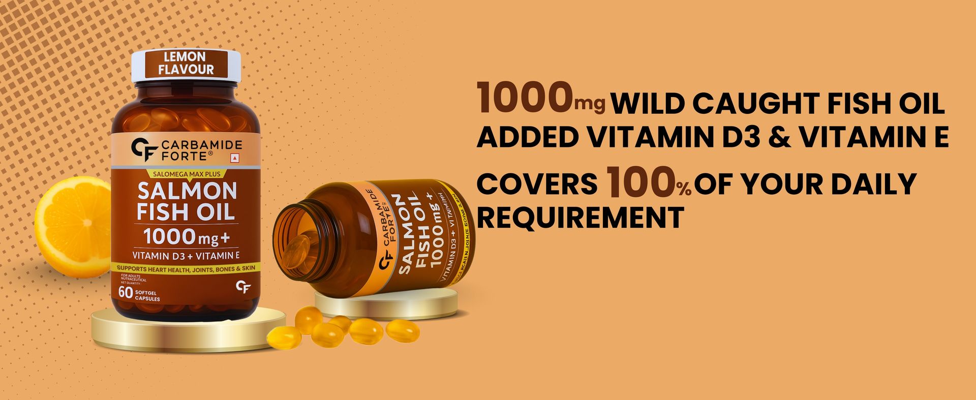 Carbamide Forte Salmon Omega 3 Fish Oil Capsules 1000mg | Salmon Fish Oil Omega 3 Capsule With Vitamin D3 + E For Men & Women | Omega3 Fishoil Supplement For Heart, Joints, Bones & Skin - 60 Softgels