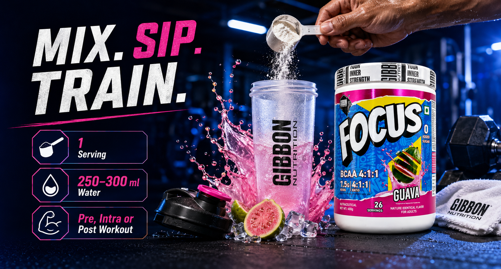 GIBBON Focus BCAA 4:1:1 Powder with Beta Alanine & L-Glutamine | Advanced Muscle Recovery & Endurance Support | Amino Acid Supplement for Lean Muscle & Performance | 400g | 26 Servings (400 Gm, Guava)