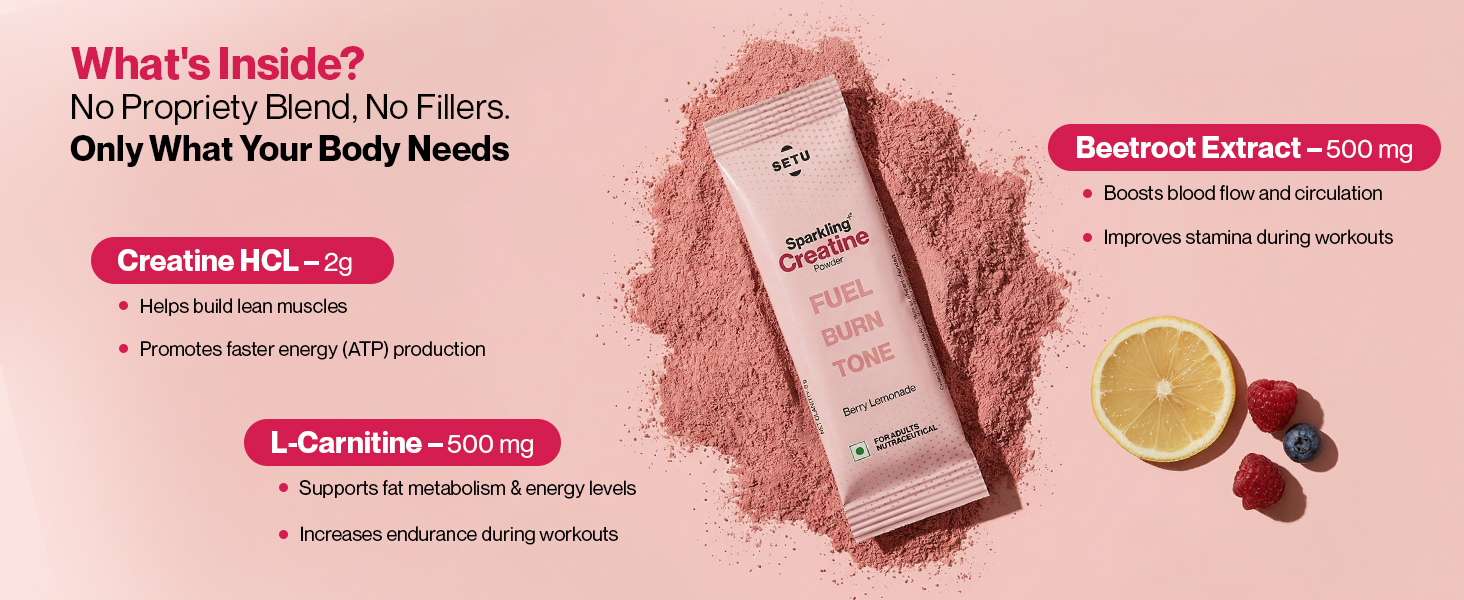 Setu Sparkling Creatine HCL | Effervescent Powder | With L-Carnitine & Beetroot Extract | For Lean Muscles, Stamina & Recovery | Berry Lemonade Flavor | 25 Servings