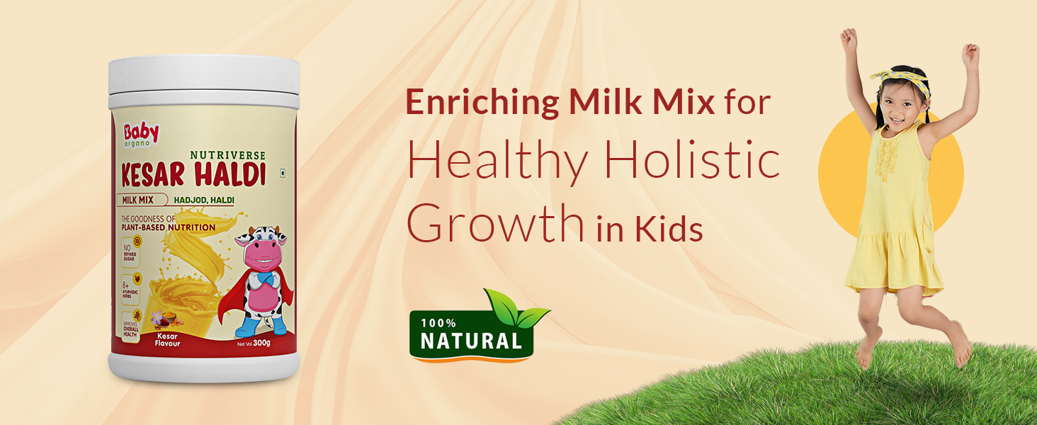 BabyOrgano Kesar Haldi Milk Mix for Kids 2+ Years | With Hadjod, Anantmool & Jyotismati | Ayurvedic Health Drink | Made with Honey & Jaggery | No Refined Sugar | High Protein & Gluten-Free | 300g