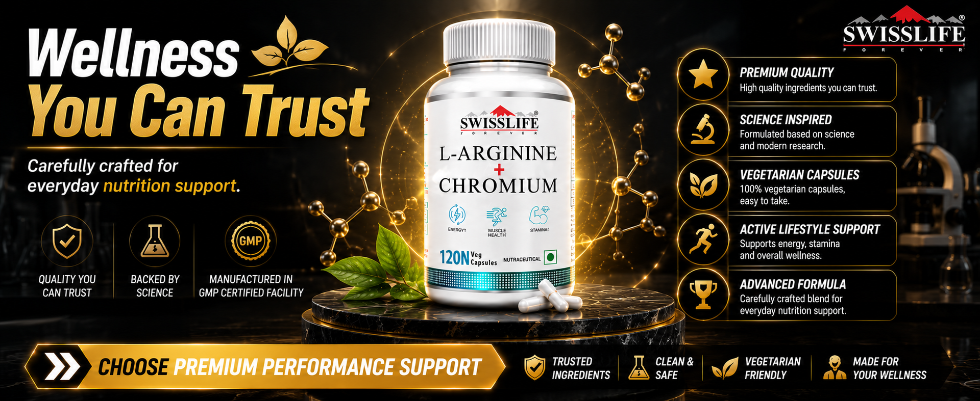 SWISSLIFE FOREVER L-Arginine & Chromium Capsules Supports Metabolism, Blood Sugar Balance & Cardiovascular Health Amino Acid Supplement for Men & Women Pack of 2 (120 Capsules)
