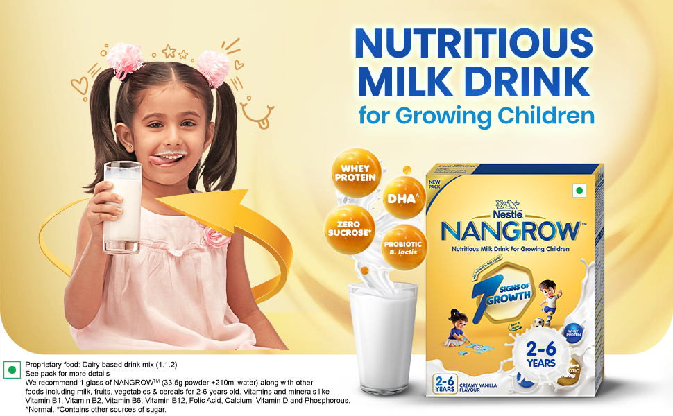 Nangrow Nutritious Milk Drink Powder For Growing Children Toddler Aged 2-6 Years | Contains DHA | Rich In Protein & Vital Nutrients | Creamy Vanilla Flavor, 400g, BIB Pack (Pack of 2)