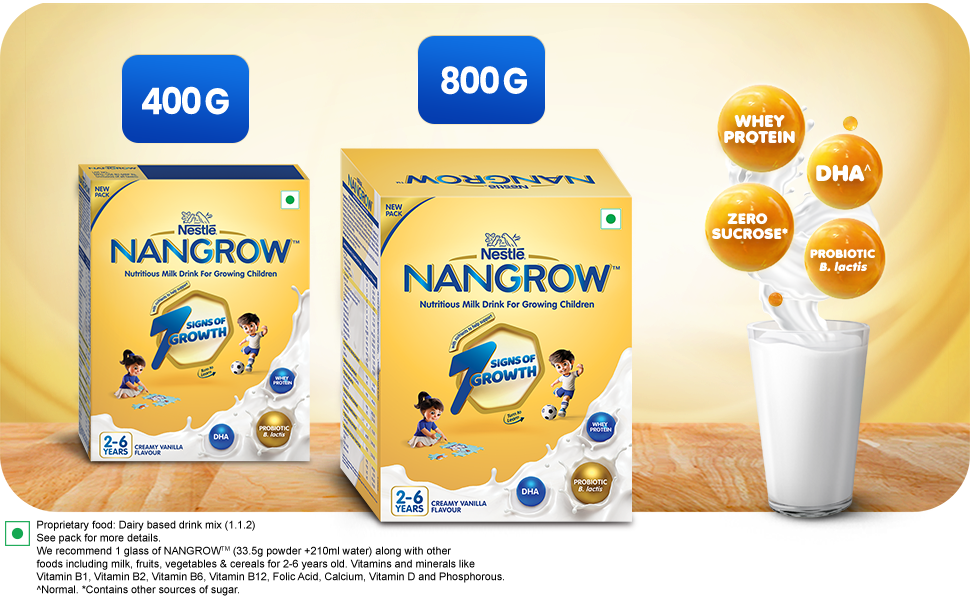 Nangrow Nutritious Milk Drink Powder For Growing Children Toddler Aged 2-6 Years | Contains DHA | Rich In Protein & Vital Nutrients | Creamy Vanilla Flavor, 400g, BIB Pack (Pack of 2)
