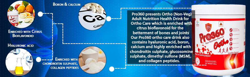 Pro360 Ortho Bone and Joint Care Supplement Nutrition Powder with Glucosomine Chondroitin MSM Collagen Peptides Boswellia Serrata Hyaluronic Acid - Diabetic Friendly - Vanilla Flavour, 250g (Nonveg)