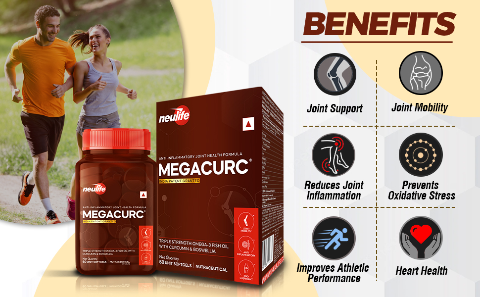 Neulife MEGACURC® Nano-Curcumin + Triple Strength Fish Oil with 10X Boswellia Power - Advanced Joint Support - High Absorption Formula - 60 Softgels - Omega 3, Anti-Inflammatory Supplement