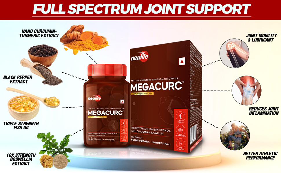 Neulife MEGACURC® Nano-Curcumin + Triple Strength Fish Oil with 10X Boswellia Power - Advanced Joint Support - High Absorption Formula - 60 Softgels - Omega 3, Anti-Inflammatory Supplement