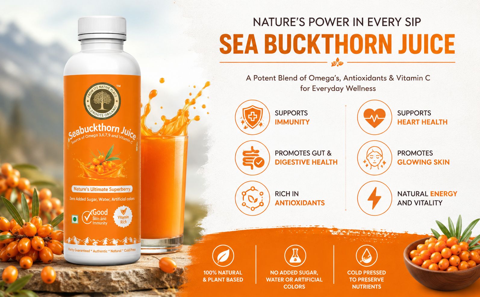 Sea Buckthorn Juice 300ml | Natural Source of Vitamin C I Omega 3 6 7 9 I High in Antioxidants | Immunity, Skin Glow & Gut Health Support | No added sugar or color