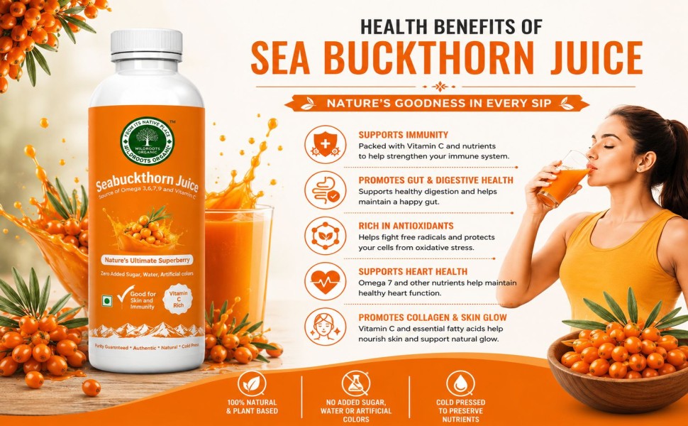 Sea Buckthorn Juice 300ml | Natural Source of Vitamin C I Omega 3 6 7 9 I High in Antioxidants | Immunity, Skin Glow & Gut Health Support | No added sugar or color