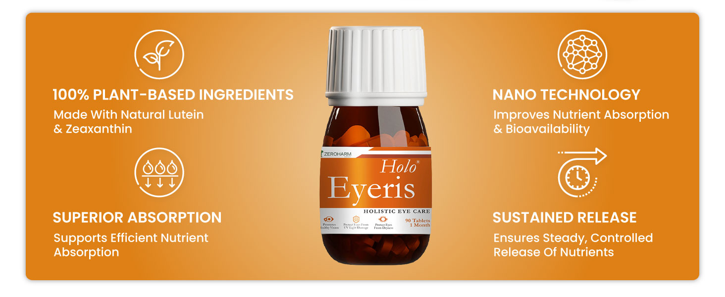 ZEROHARM Holo Eyeris | Lutein and Zeaxanthin Eye Supplements | Supports Vision, Eye Health & Digital Eye Strain Relief from High Screen Time for Men and Women | 90 Tablets