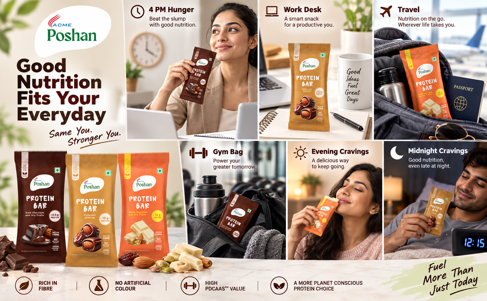 ACME Poshan Protein Bar Variety Pack, White Chocolate, Dark Chocolate & Dates and Almonds, No Artificial Colour, Rich in Fibre, High Protein Snack Bars, Pack of 3 (50g each, 150g Total)