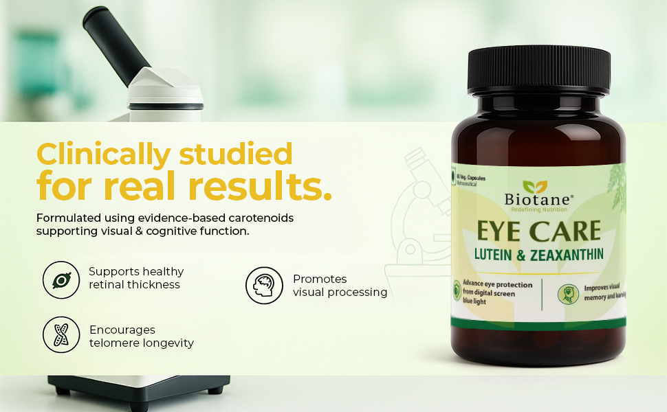 Biotane Eye Care with Lutein & Zeaxanthin | Supports Healthy Vision, Reduces Digital Strain & Fatigue From High Screen I Made in technical collaboration with Vitane Pharma, USA – 60 Veg Capsules