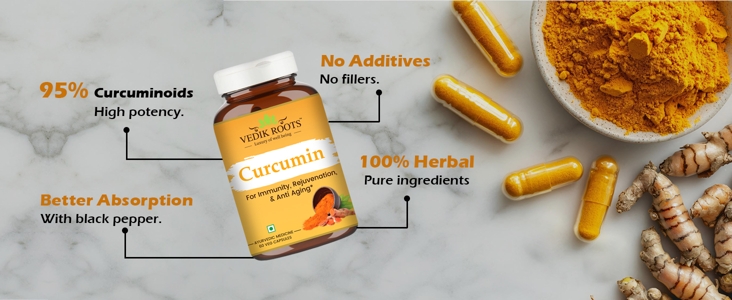 Curcumin Tablets with Piperine and 95% Curcuminoids | Anti-inflammatory Supplement for Adults | Turmeric, Ginger & Black Pepper | 60 Veg Capsules Pack of 1