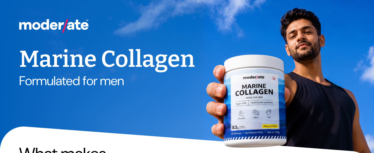 Moderate Marine Collagen Powder for Men, Type 1 & 3 Hydrolyzed Peptides with Glutathione, Vitamin C, Hyaluronic Acid, Biotin, Mango Peach Flavour, Add to Whey Shake or Any Drink, 200g