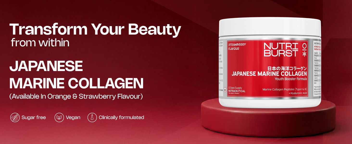 Nutriburst Japanese Marine Collagen Powder 100 g with Free Shaker | Marine Collagen Peptides Type I & III with Hyaluronic Acid | 8 g High Absorption Collagen | Strawberry Flavour | Supports Skin Radiance, Hair, Nails & Joint Health | For Men and Women