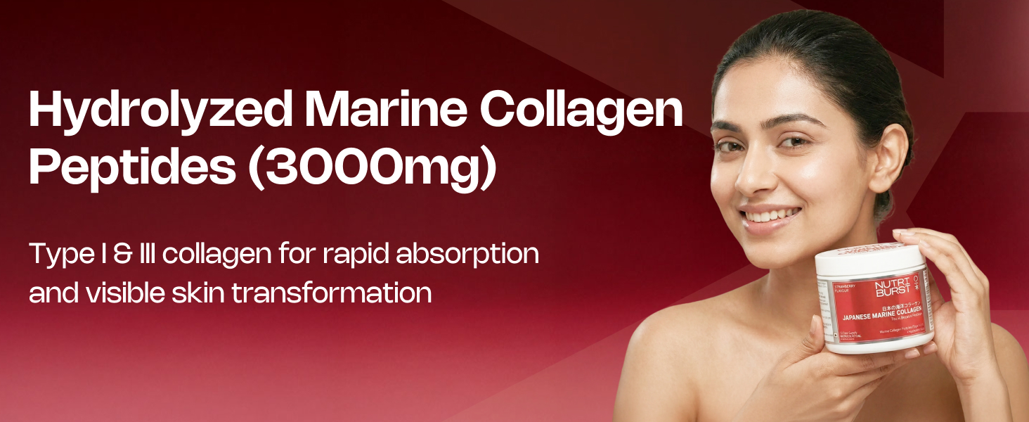Nutriburst Japanese Marine Collagen Powder 100 g with Free Shaker | Marine Collagen Peptides Type I & III with Hyaluronic Acid | 8 g High Absorption Collagen | Strawberry Flavour | Supports Skin Radiance, Hair, Nails & Joint Health | For Men and Women