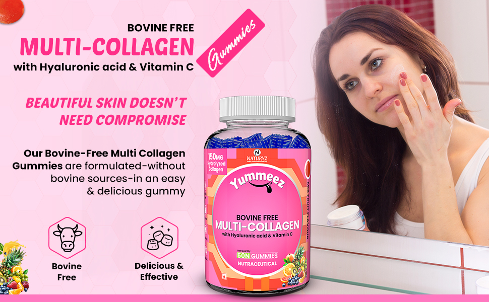 Naturyz Bovine Free Multi Collagen Gummies for Skin Health | Hyaluronic Acid, Vitamin C, Vitamin E & Biotin | Skin Elasticity, Hydration & Glow Supplement | Hydrolyzed Peptides with Type I, II, III, V & X | Easy-to-Absorb Gummy | No Added Sugar, Delicious Taste- 50 count (Mix Fruit Flavor)