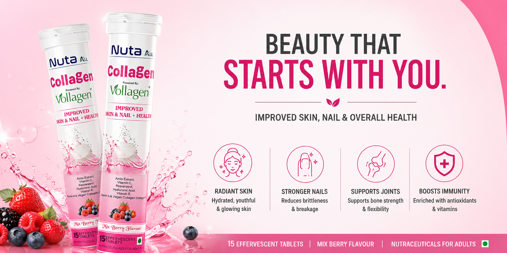 Collagen Effervescent Tablets | Vegan Collagen (Vollagen), Vitamin C & Hyaluronic Acid | Skin Glow, Hair & Nail Support | Mix Berry | 15 Tablets