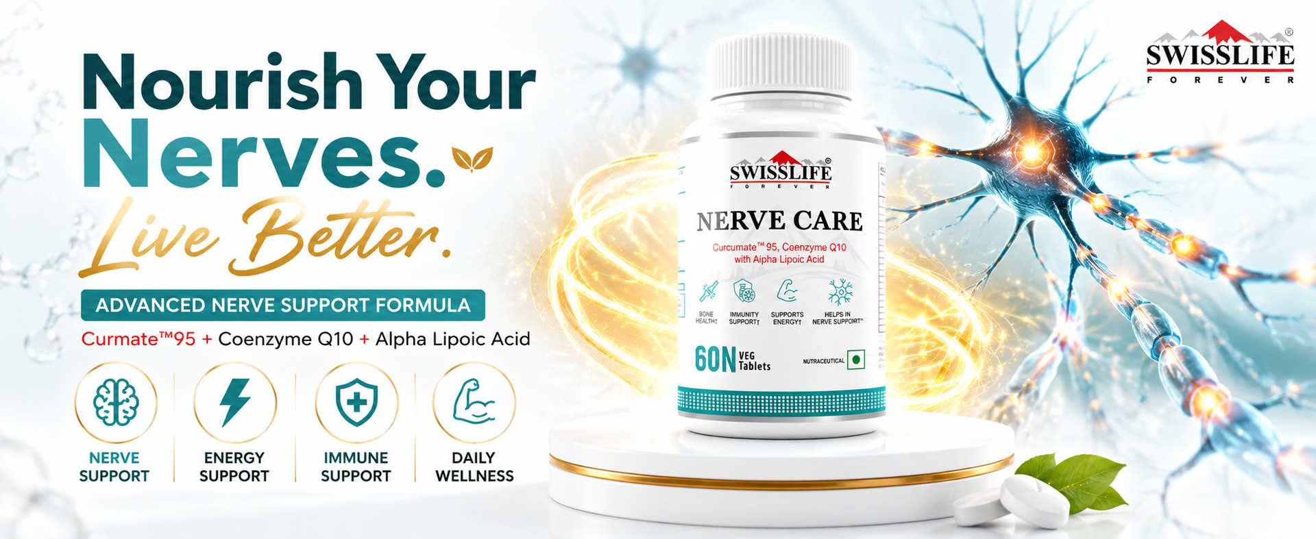 SWISSLIFE FOREVER Nerve Care Tablets (60 Tablets) | Multivitamin with Coenzyme Q10, Alpha Lipoic Acid & B-Vitamins | Supports Nerve Health, Energy & Immunity | For Men & Women