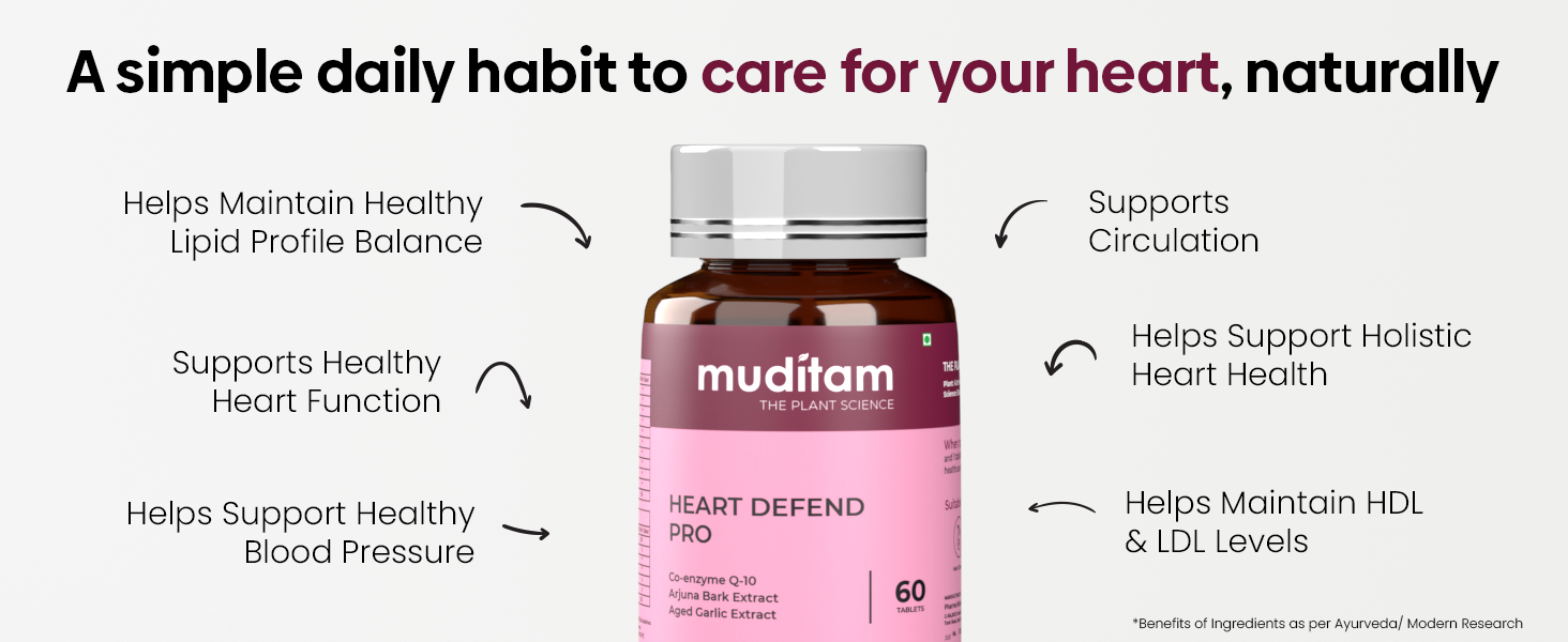 Muditam Ayurveda Heart Defend Pro – Heart Health & Cholesterol Support | 60 Tablets (30-Day Supply) | Supports Blood Pressure & Cardiovascular Function | Ayurvedic Formula | Pack of 1