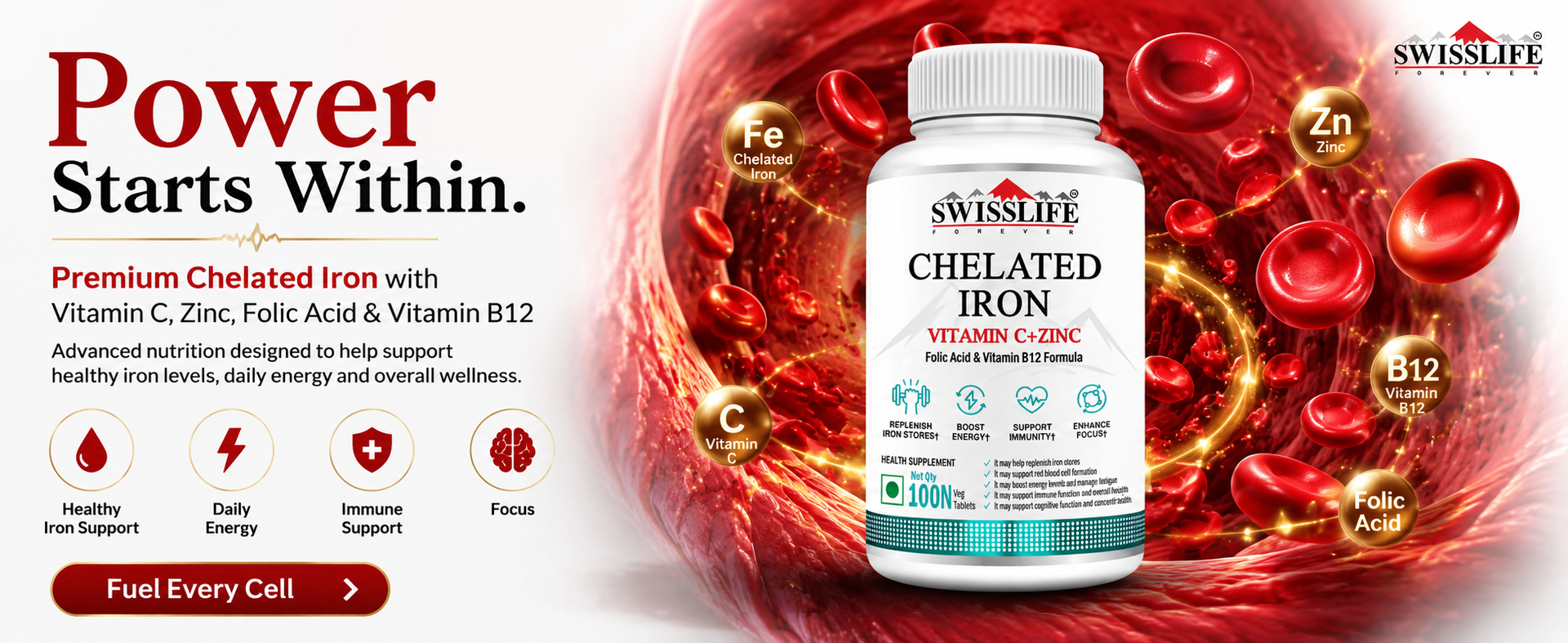 Swisslife Forever Chelated Iron Tablets for Hemoglobin & Energy | With Vitamin C, Zinc, Folic Acid & B12 | High Absorption Iron Supplement for Women & Men | Anemia Support | 100 Tablets