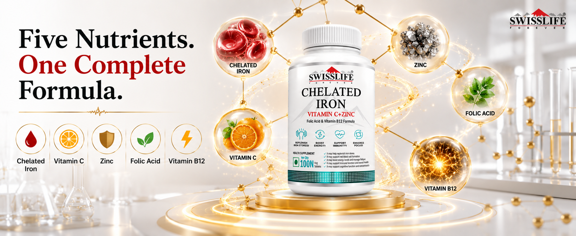 Swisslife Forever Chelated Iron Tablets for Hemoglobin & Energy | With Vitamin C, Zinc, Folic Acid & B12 | High Absorption Iron Supplement for Women & Men | Anemia Support | 100 Tablets