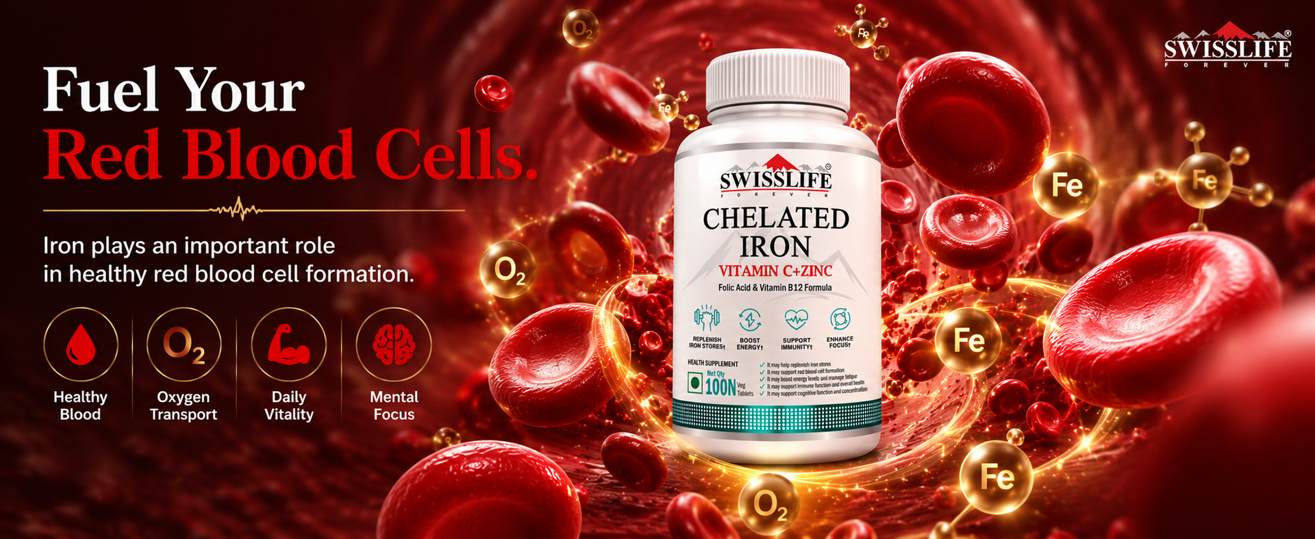 Swisslife Forever Chelated Iron Tablets for Hemoglobin & Energy | With Vitamin C, Zinc, Folic Acid & B12 | High Absorption Iron Supplement for Women & Men | Anemia Support | 100 Tablets