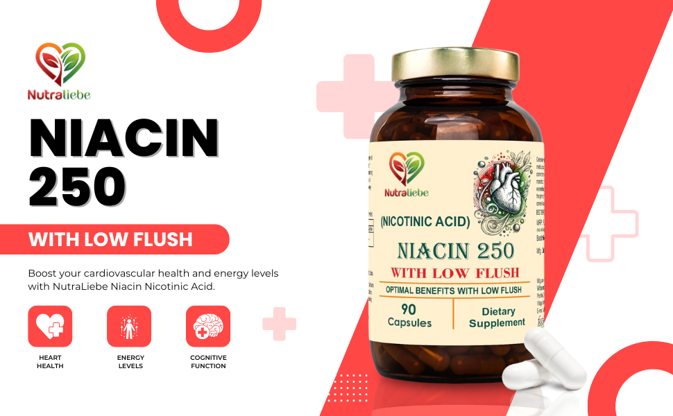 Niacin Nicotinic Acid - Moderate Dose, Low Flush Formula, 90 Capsules for Cardiovascular and Energy Support