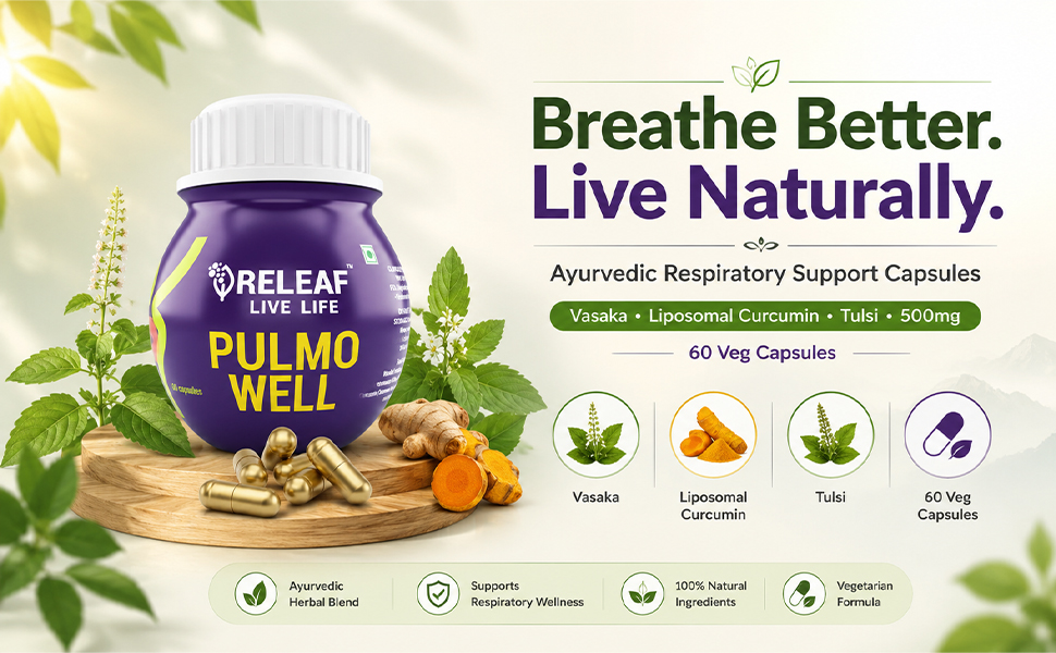 RELEAF Pulmo Well Ayurvedic Respiratory Support Capsules, 60 Veg Capsules, Herbal Blend with Vasaka, Liposomal Curcumin, Tulsi 500mg, for daily Lung and Breathing wellness
