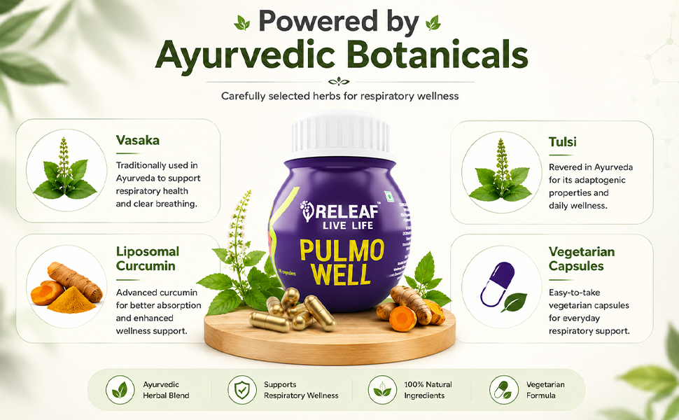 RELEAF Pulmo Well Ayurvedic Respiratory Support Capsules, 60 Veg Capsules, Herbal Blend with Vasaka, Liposomal Curcumin, Tulsi 500mg, for daily Lung and Breathing wellness