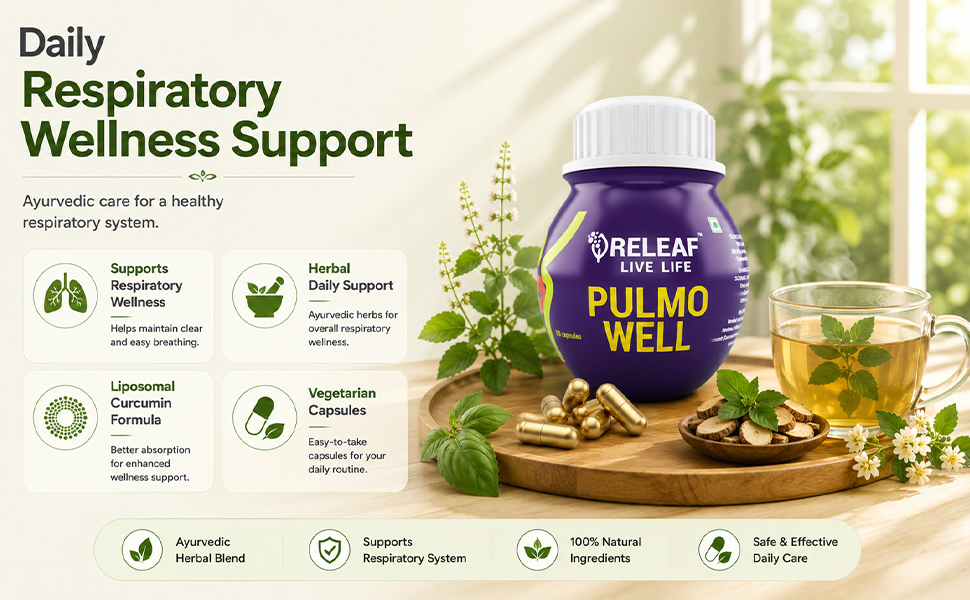 RELEAF Pulmo Well Ayurvedic Respiratory Support Capsules, 60 Veg Capsules, Herbal Blend with Vasaka, Liposomal Curcumin, Tulsi 500mg, for daily Lung and Breathing wellness