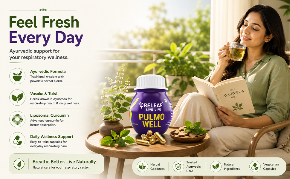 RELEAF Pulmo Well Ayurvedic Respiratory Support Capsules, 60 Veg Capsules, Herbal Blend with Vasaka, Liposomal Curcumin, Tulsi 500mg, for daily Lung and Breathing wellness
