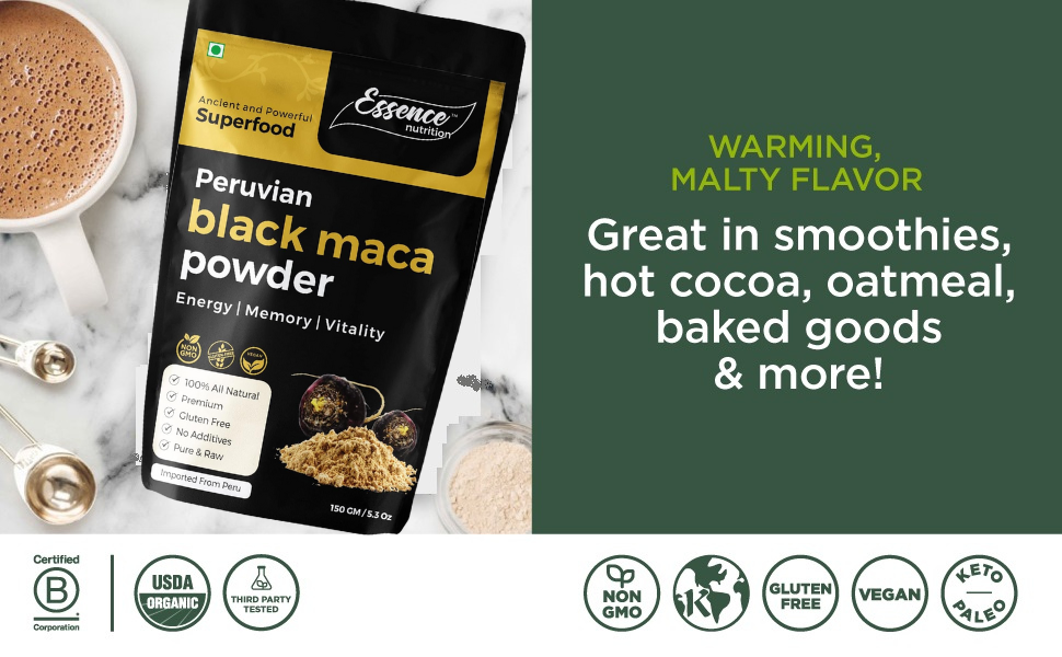 Essence Nutrition Original Black Maca Root Powder (150gm) - Pure & Effective Maca for Workout, Stamina & Strength | Imported from Peru - Use as a Maca Coffee For Men