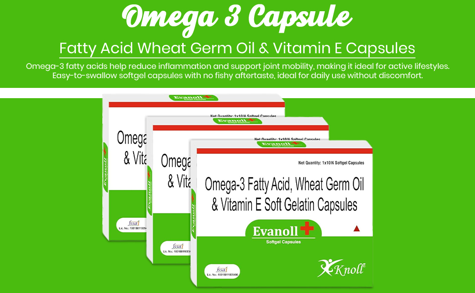 Knoll Healthcare Evanoll Plus Omega 3 Fish oil Capsules Fatty Acid Wheat Germ Oil & Vitamin E Capsules Hair Skin joint health 30 Capsules (Pack of 3)