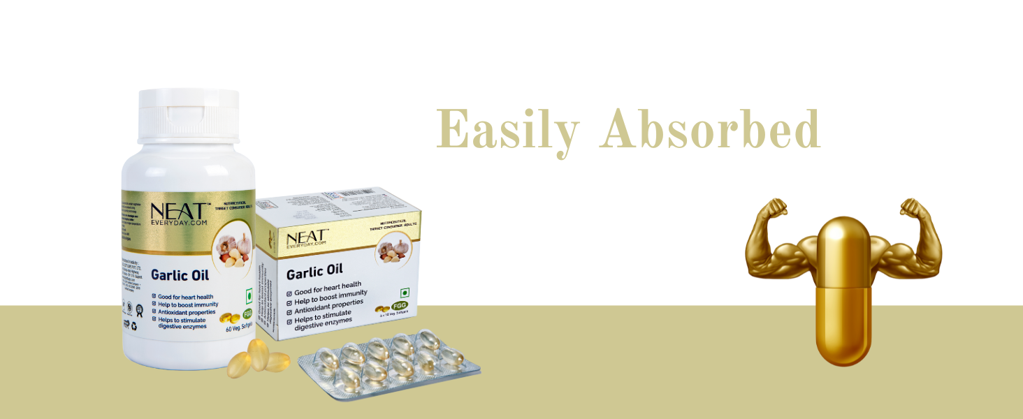 Neat Everyday Garlic Oil Capsules | Allicin Rich | Blood Pressure, Cholesterol & Heart Health | Immunity Booster | Cold Pressed Vegan Lasuna Softgels | Cardiac Wellness 30 Tablets