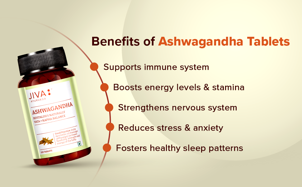 Jiva Ashwagandha Tablet - 120 Tablets | Ayurvedic Ashwagandha Supplement for Body, Boost Energy & Immunity, Stress Relief, Rejuvenates Mind, Improves Strength | Helpful in Kapha & Vata Doshas