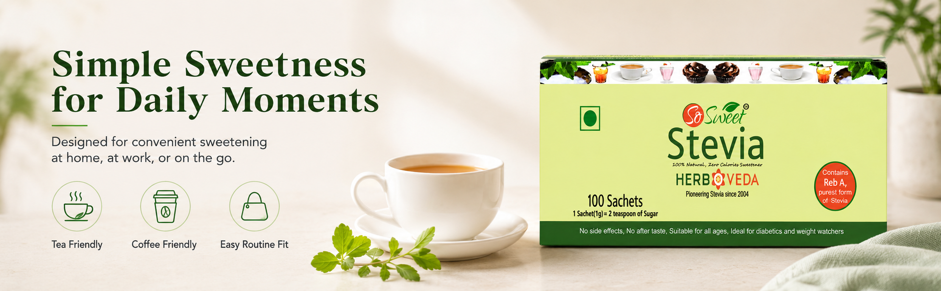 So Sweet Stevia Sachets - Sugar-Free, Natural Low-Calorie Sweetener, 100 Sachets, Ideal for Coffee, Tea, and Cooking, Diabetic & Keto Friendly, Zero Calories, Convenient for Everyday Use