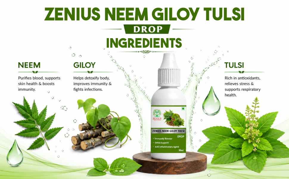 Zenius Neem Giloy Tulsi Drop, Immunity Booster, Detox Support, Anti-inflammatory, Ayurvedic, 30ml
