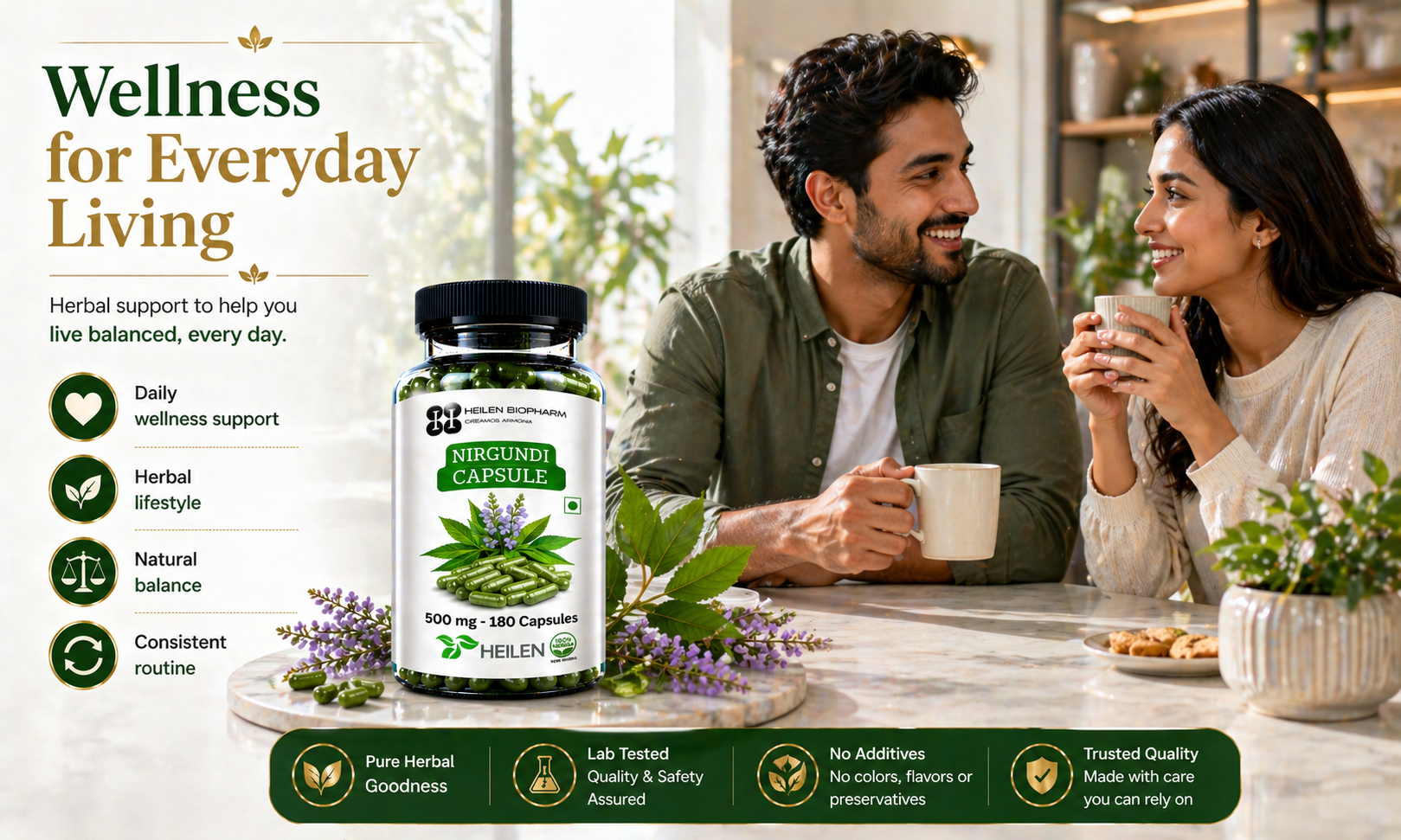 Heilen Biopharm Nirgundi Capsules 500 mg | Vitex Negundo Leaf Powder Supplement | Herbal Support for Joint Comfort Mobility Daily Wellness | 180 Veg Capsules | No Preservatives