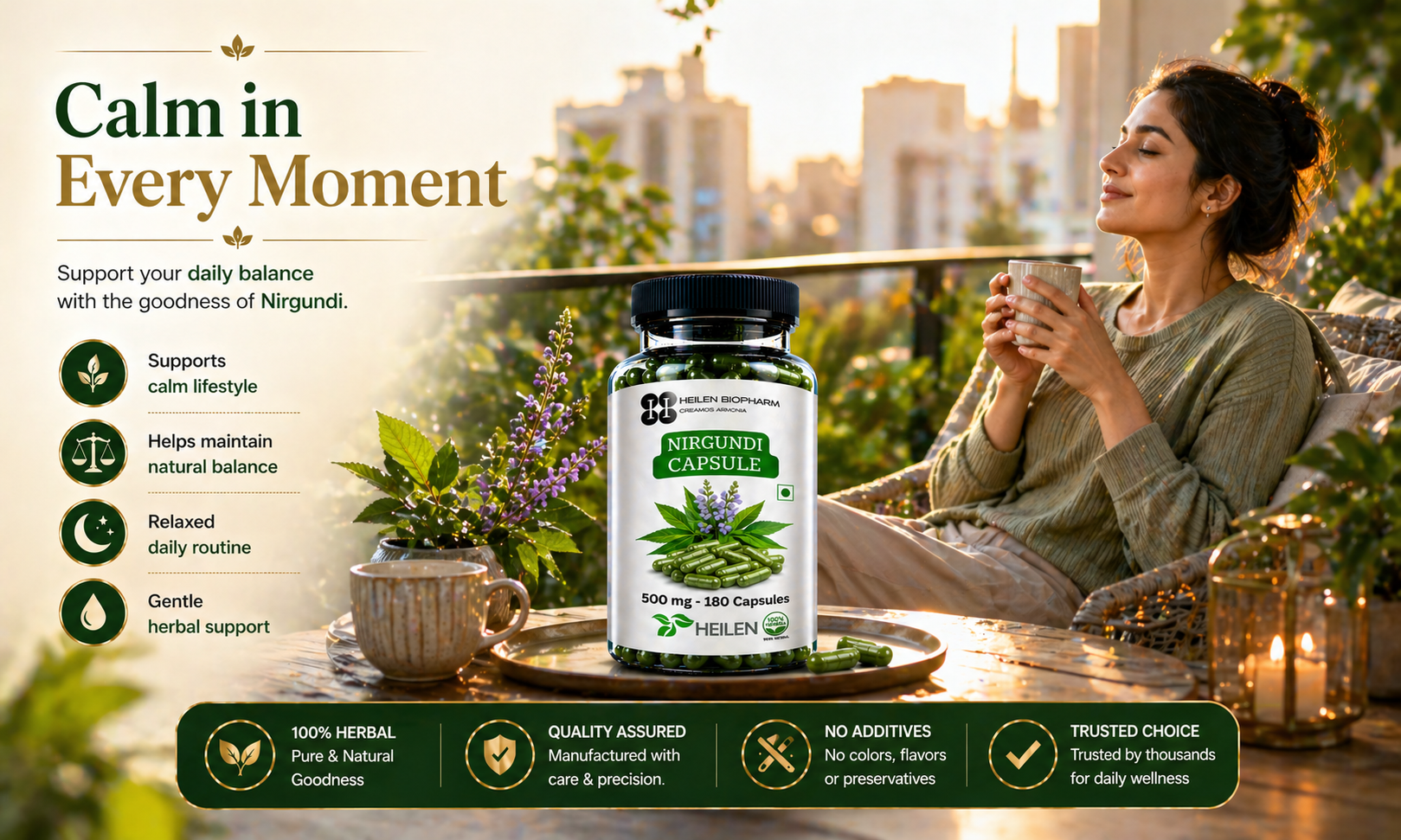 Heilen Biopharm Nirgundi Capsules 500 mg | Vitex Negundo Leaf Powder Supplement | Herbal Support for Joint Comfort Mobility Daily Wellness | 180 Veg Capsules | No Preservatives
